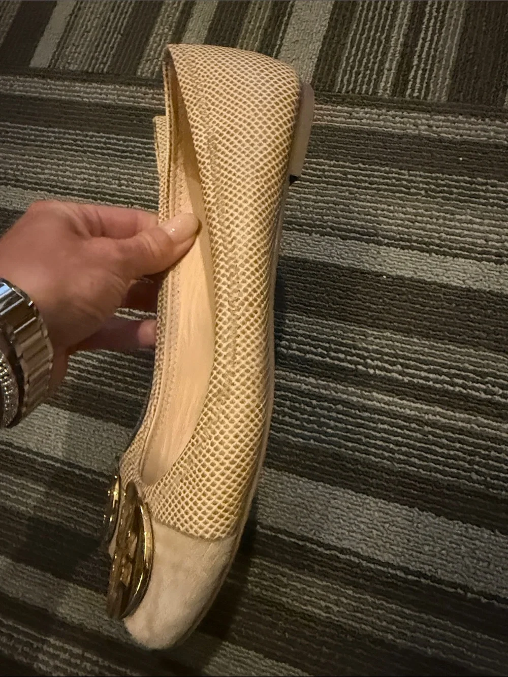 Tory Burch Beige Ballet Flats with Gold Logo Medallion